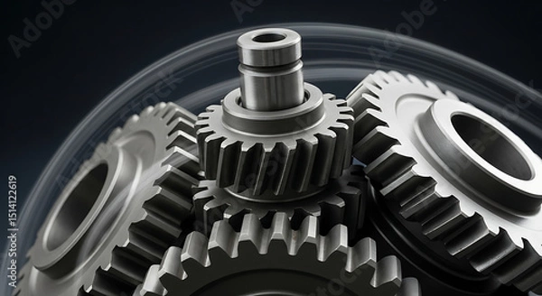 Obraz Close-up view of several metallic gears intricately interlocking. The image highlights the details of their teeth and surfaces, demonstrating precision in engineering and design.