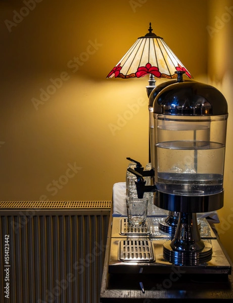 Obraz A hotel water cooler station with a beautiful stained-glass lamp in the background. 
