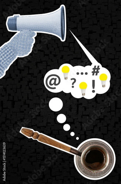 Fototapeta This collage symbolizes the fusion of communication and energy—voice, influence, and public speech meets creativity, stimulation, and tradition