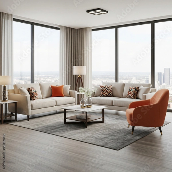 Fototapeta Modern living room with large windows, neutral furniture, and accents of orange and geometric patterns. Features sofas, a chair, rug, coffee table, and city view.