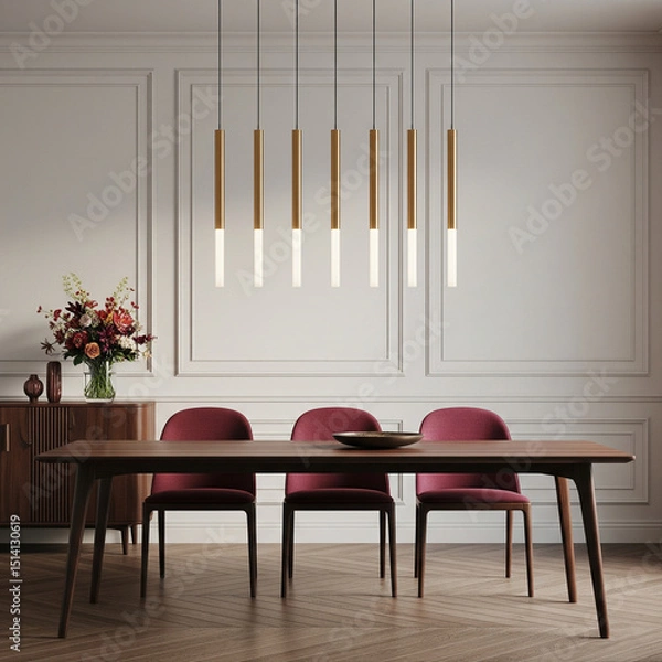 Fototapeta Elegant dining room with a wooden table set with three red chairs, illuminated by six pendant lights. A sideboard sits against a paneled wall with flowers.