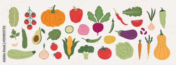 Obraz Vector doodle big set of vegetables. Elements for healthy food design.