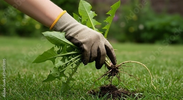 Fototapeta Close up of a gloved hand pulling a dandelion weed with its root system from a green lawn. Gardener performing lawn care and maintenance by manually removing unwanted plants.