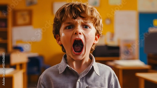Fototapeta A young boy stands in a classroom, his mouth open wide in a loud shout. His expression is one of anger or frustration.