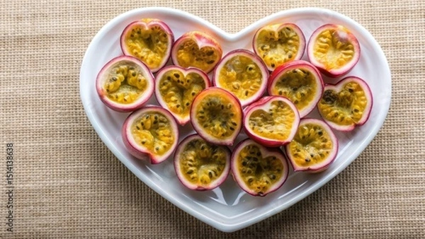 Fototapeta Aromatic heart-shaped passion fruit halves arranged on a heart-shaped dish, showcasing their vibrant yellow pulp and dark seeds, resting on a textured surface.