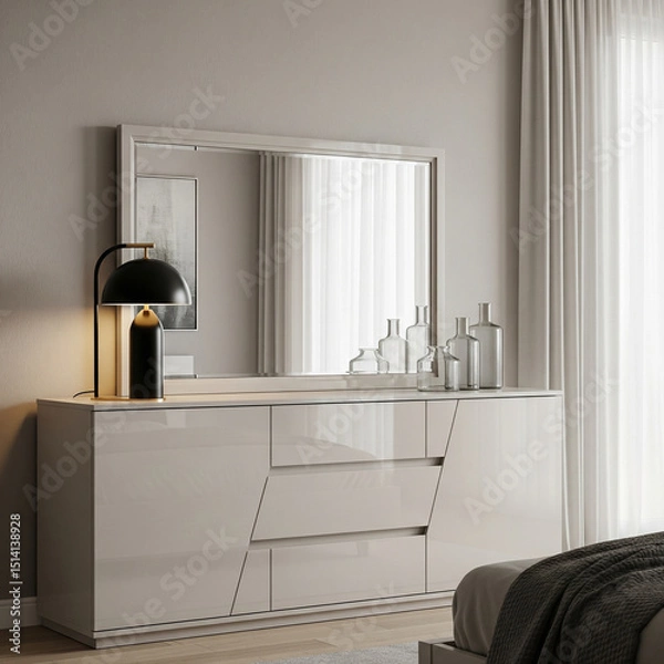 Fototapeta Modern bedroom scene featuring a sleek, glossy dresser with a mirror, decorative bottles, and a black lamp. The setting is minimalist with neutral tones.