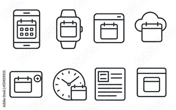 Fototapeta Digital date interfaces icons set – outline, calendar, event scheduling graphics