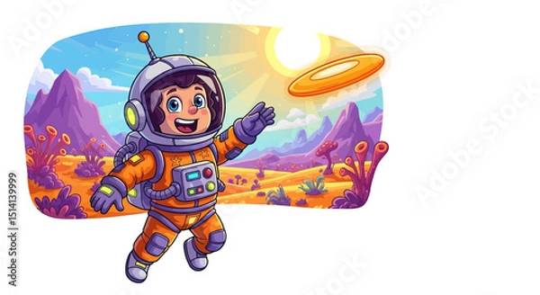 Obraz Astronaut boy playing in vibrant alien landscape
