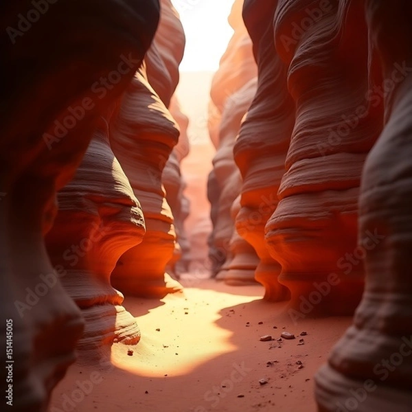 Fototapeta antelope canyon arizona usa, narrow path winding through a majestic sandstone canyon, high walls on both sides glowing in bright direct sunlight, deep shadows cast across the ground, natural landscape