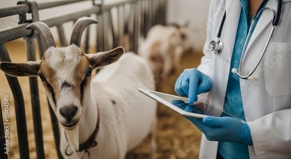 Obraz Veterinarian using digital tablet to examine goat in modern farm setting, showcasing advancements in animal healthcare technology and precision livestock farming.