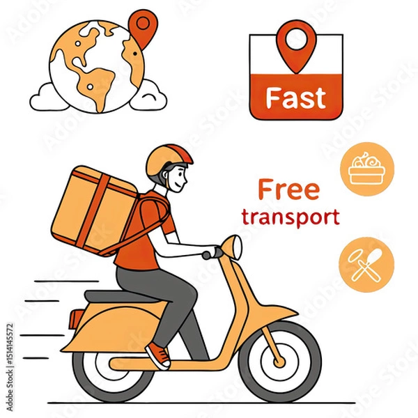 Obraz A delivery boy in an orange uniform rides a scooter through a vibrant urban setting ensuring fast transport service for packages during the day