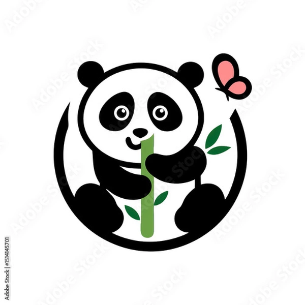 Obraz Cute cartoon panda is nestled comfortably munching on bamboo while a butterfly flutters above in a joyful atmosphere of nature and innocence