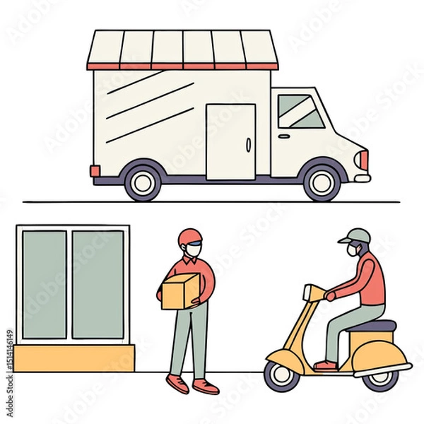 Obraz Delivery process depicted with a food service truck a delivery service rider on a scooter and a customer receiving a package