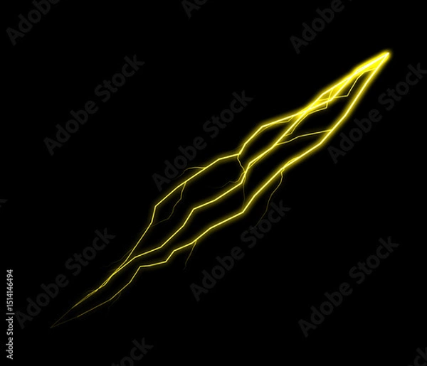 Fototapeta A bright yellow lightning bolt crackles dynamically against a dark background, illustrating raw electrical energy.