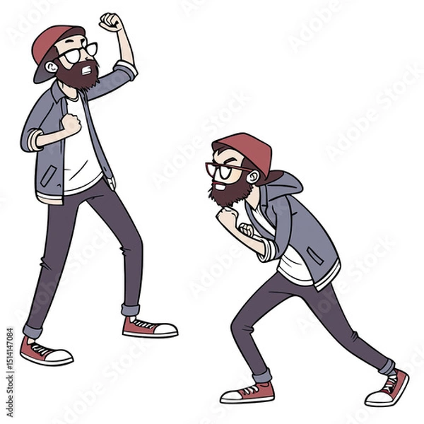 Obraz Two hipster characters express emotions through dynamic poses capturing a playful yet intense atmosphere in a unique violet art style