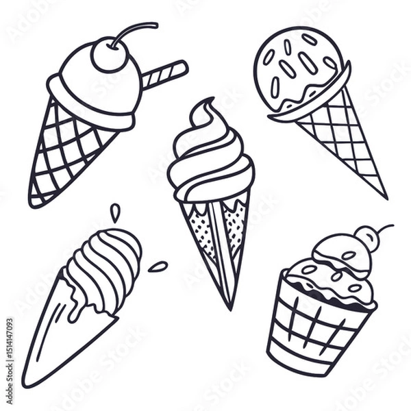 Obraz Collection of hand drawn ice cream doodles showcasing different cone types and toppings perfect for creative designs and artistic projects related to desserts