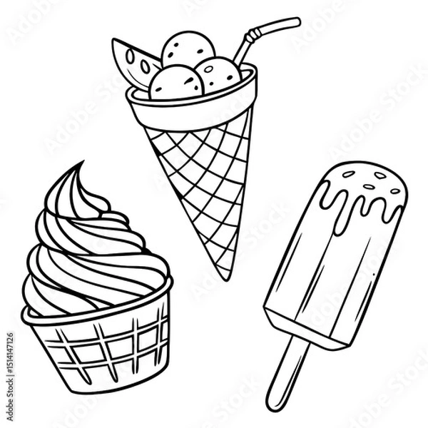 Obraz Collection of hand drawn doodles showcasing various ice cream types including cones soft serve and popsicles ideal for coloring books and creative designs