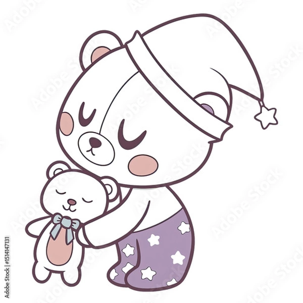 Obraz A cartoon character resembling a sleepy bear hugs a small plush bear tightly