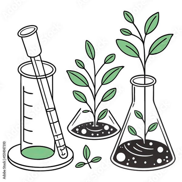 Obraz Laboratory glassware holds vibrant green plants in test tubes and flasks highlighting a study on plant growth and experimentation in a controlled environment