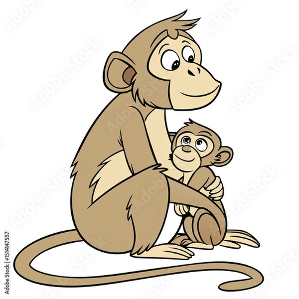 Obraz Cute illustration depicts a monkey holding its baby showcasing their loving bond. Ideal for educational content about wildlife and family connections in nature