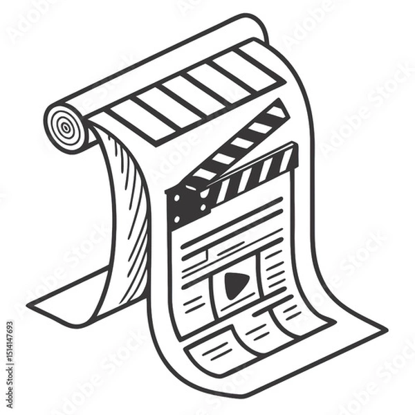 Fototapeta A unique vector representation of a paper scroll featuring a clapperboard ideal for use in logo design and clip art for creative projects and presentations