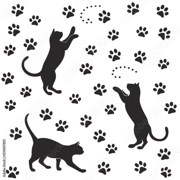 Obraz Playful cats are designed in a seamless pattern with scattered paw prints perfect for art projects and fabric designs showcasing a whimsical feline theme