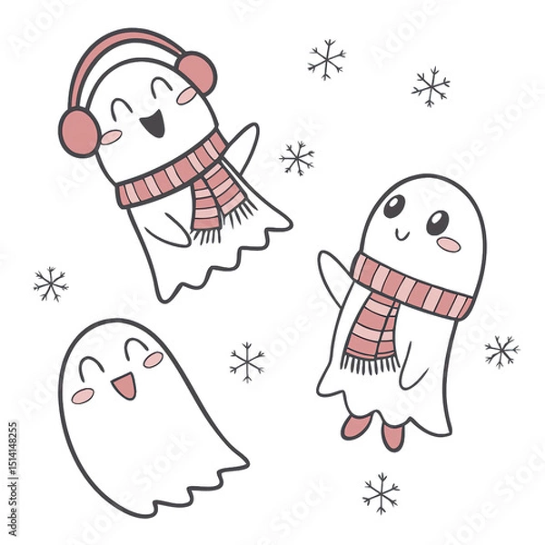 Obraz Three adorable ghosts with smiles and winter scarves dance joyfully amidst delicate snowflakes embodying the spirit of winter with playful accessories and charm