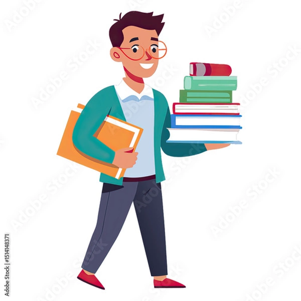 Obraz A happy teacher walks through a colorful classroom holding a large stack of books and an art scale eager to share ideas with students