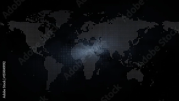 Fototapeta White neon dotted world map glowing with futuristic digital design on dark background