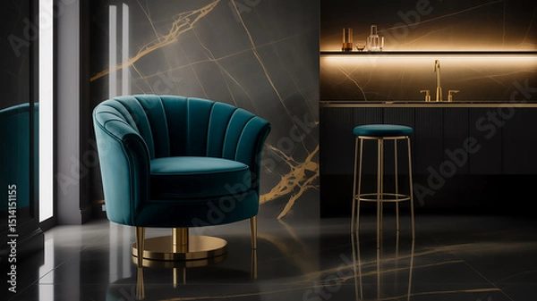 Fototapeta Luxurious Modern Interior with Teal Velvet Chair, Brass Accents, and Marble Finishes