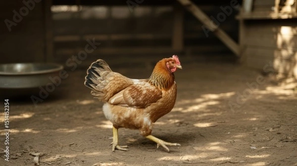 Fototapeta Brown hen in sunlit coop walking on dirt floor with shadows