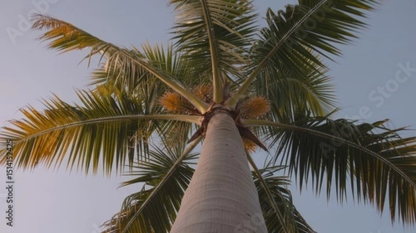 Fototapeta Tall palm tree against blue sky viewed from below