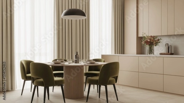 Fototapeta Elegant minimalist dining room with modern furniture and soft lighting