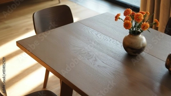 Fototapeta Minimalist dining area with wooden table and orange flowers in vase