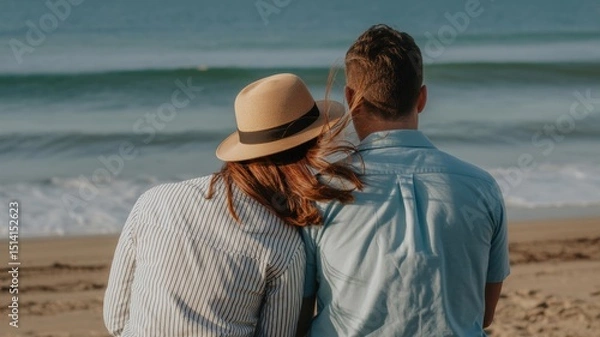 Fototapeta Romantic beach moment: young caucasian couple enjoying ocean view on a sunny day