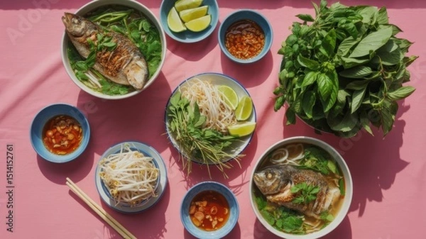 Fototapeta Vietnamese fish noodle soup with herbs and lime on pink table