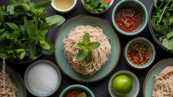 Fototapeta Vietnamese noodle dish with fresh mint and assorted ingredients
