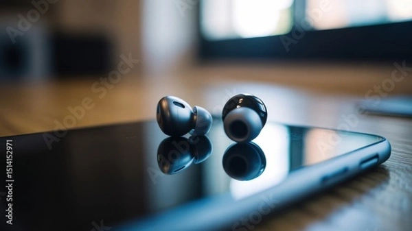 Fototapeta Wireless earbuds on smartphone in modern indoor setting