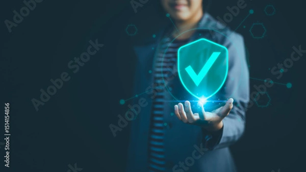 Fototapeta User show on hand identity proofing icon for security protection system on virtual screen. Concept of Quality assurance of business service, Certified guarantee approval or secure access system.