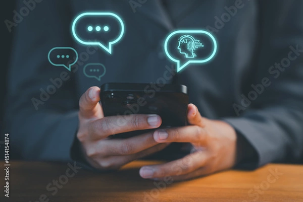 Fototapeta Person using a smartphone with technology smart robot AI chatbot for chat. digital chatbot are assistant conversation for provide access to data growth of business in online network.