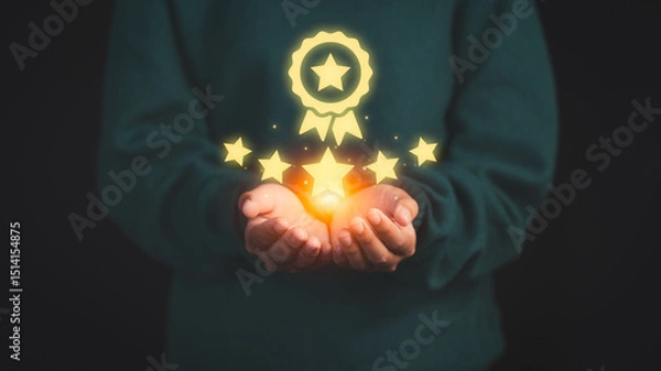 Fototapeta Person holding and showing the best quality assurance with golden five stars. Quality assurance of business services. Guarantee, Standards, ISO certification and testimonial concept.