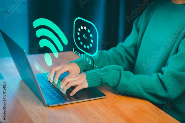 Fototapeta Person typing on a laptop with glowing Wi-Fi and loading graphics, symbolizing internet connectivity, online access, download digital business data form website, and slow data transfer progress.