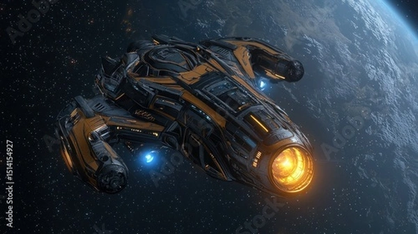 Fototapeta A futuristic spaceship travels through space near a planet