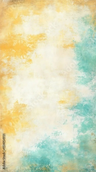 Fototapeta Abstract painted backdrop shows blended yellow and turquoise watercolor brushstrokes on a textured off white surface