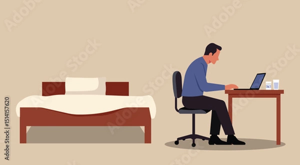 Fototapeta Man sits at desk working on laptop next to an unmade bed, concept of overwork, mental fatigue, or emotional exhaustion in everyday life, flat vector illustration