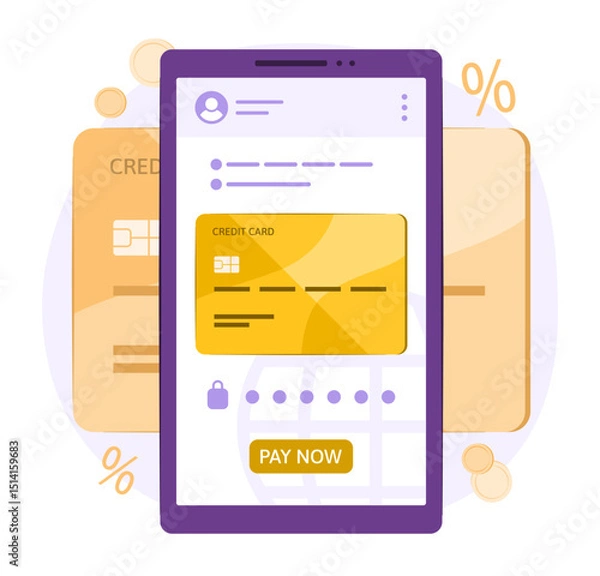 Fototapeta Financial Application on Smartphone Sync with Bank Account Data of Credit Card for Fintech, E-Banking, Online Shopping and Card Payment Concept Illustration