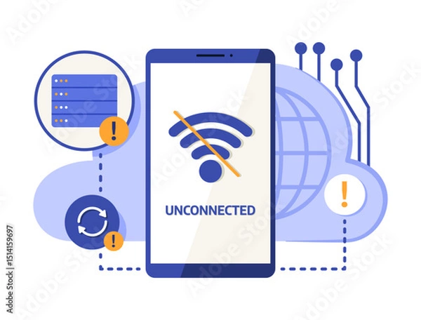 Fototapeta Smartphone with Notification No Wi-Fi Signal Unconnected with Cloud Computing Server for Internet and Wireless Connection Technology Concept Illustration