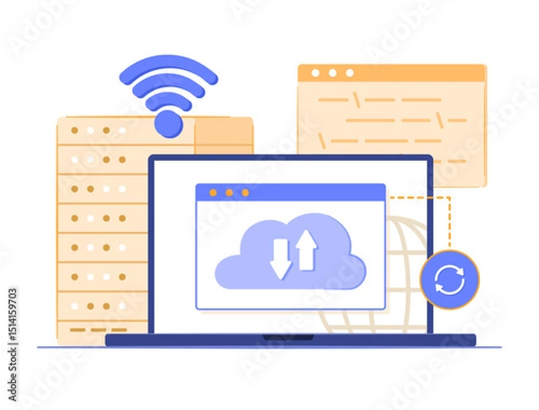 Obraz Laptop Computer Syncing Cloud Computing Server via Wi-Fi Signal for Internet and Wireless Connection Technology Concept Illustration