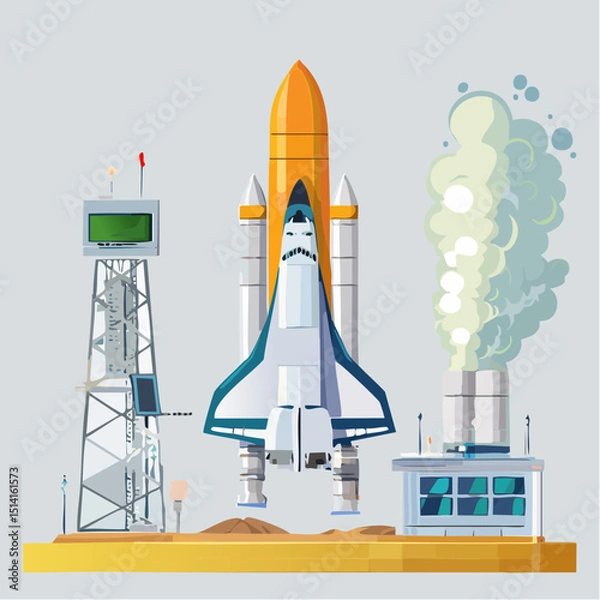 Fototapeta Rocket preparing for launch with smoke effects and countdown detail.