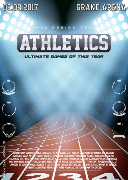 Fototapeta Plakat sportowy przedstawiający lekkoatletykę. Arena i reflektory z tekstem i znakami. Affiche i ogłoszenie. Edytowalne ilustracji wektorowych.
